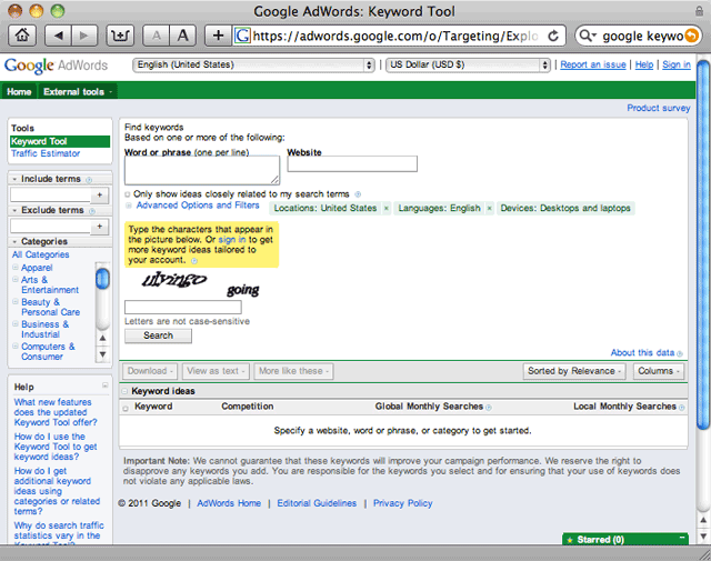 Google Adwords: Keyword Tool Screenshot