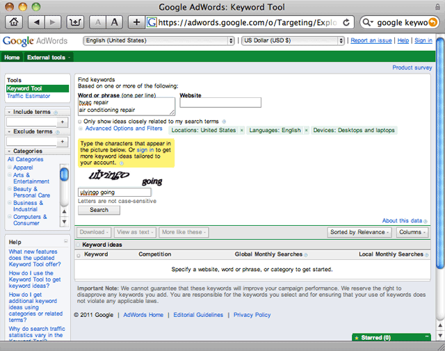Google Adwords: Keyword Tool Screenshot