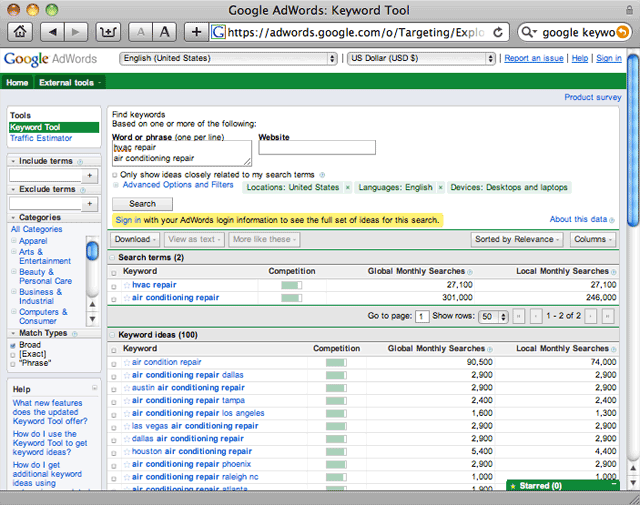 Google Adwords: Keyword Tool Screenshot
