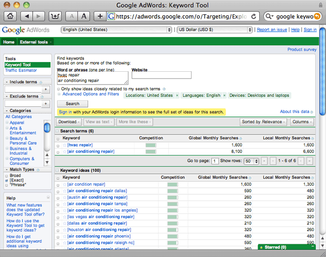 Google Adwords: Keyword Tool Screenshot