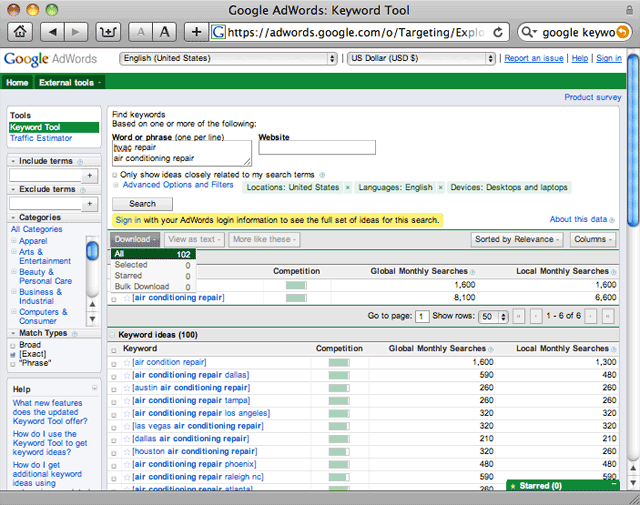 Google Adwords: Keyword Tool Screenshot