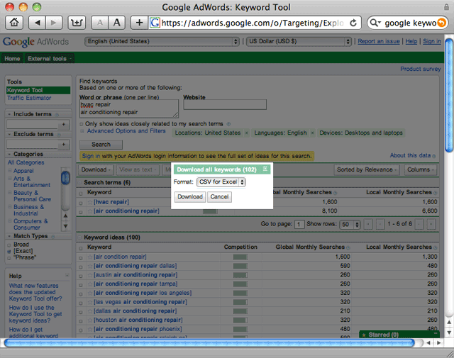Google Adwords: Keyword Tool Screenshot