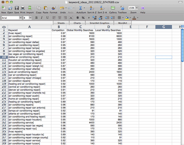 Excel keyword research file.