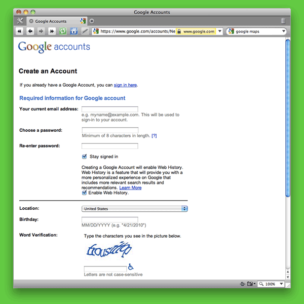Screen shot of Google Accounts Sign-Up Form page.
