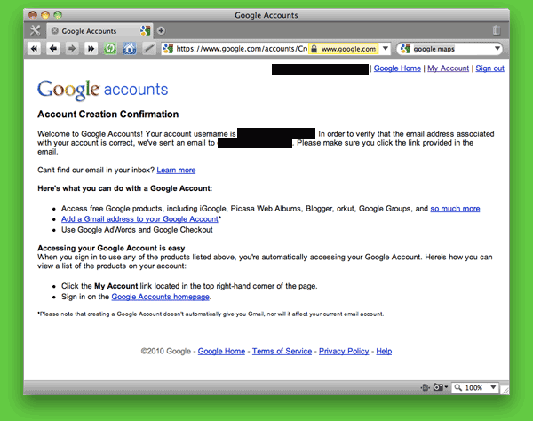 Screen shot of Google Accounts: Account Confirmation page.