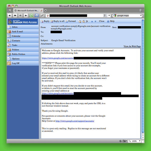 Screen shot of Google Accounts: New Account Email Confirmation.