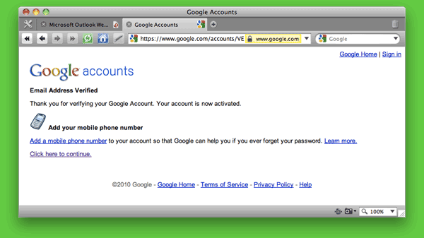 Screen shot of Google Accounts: Email Address Verified page.