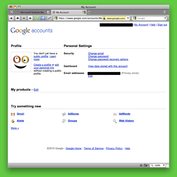 Screen shot of Google Accounts: My Account page.