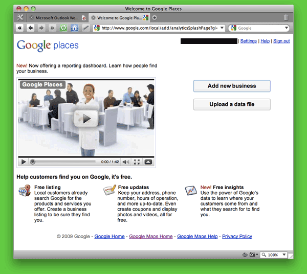 Screen shot of Google Places (i.e., Google Local or Google Maps) Sign Up page.