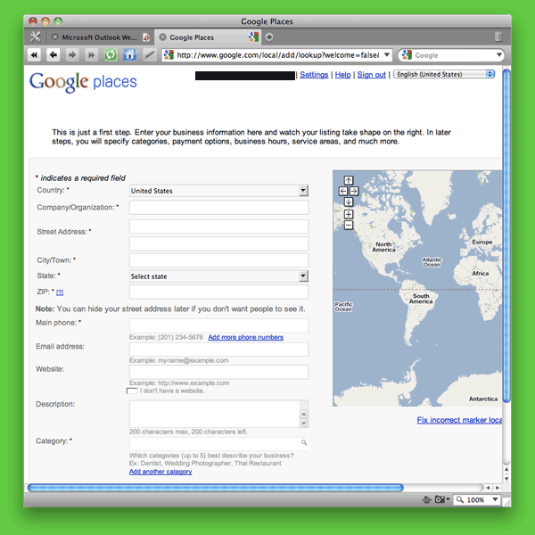 Screen shot of Google Places: Add New Business Survey page.